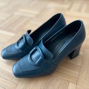 Teal Block Heel Slip On Pumps